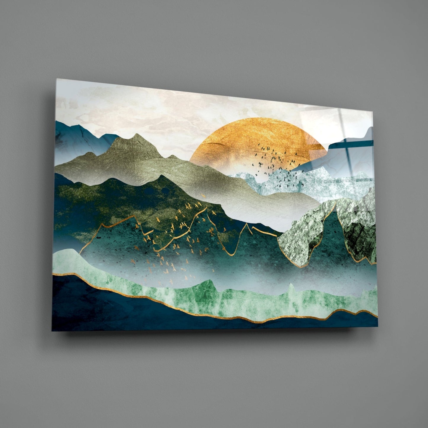 Gold Sun Layered Mountains Glass Wall Art