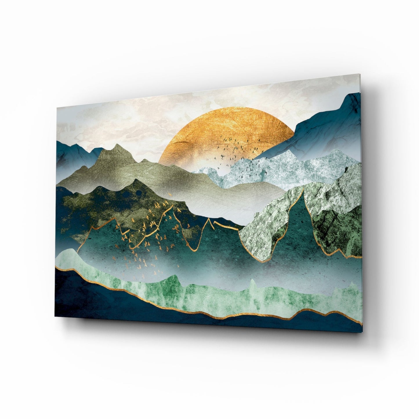 Gold Sun Layered Mountains Glass Wall Art