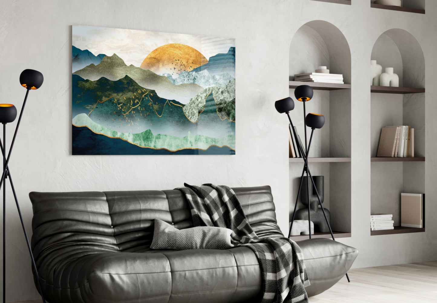 Gold Sun Layered Mountains Glass Wall Art