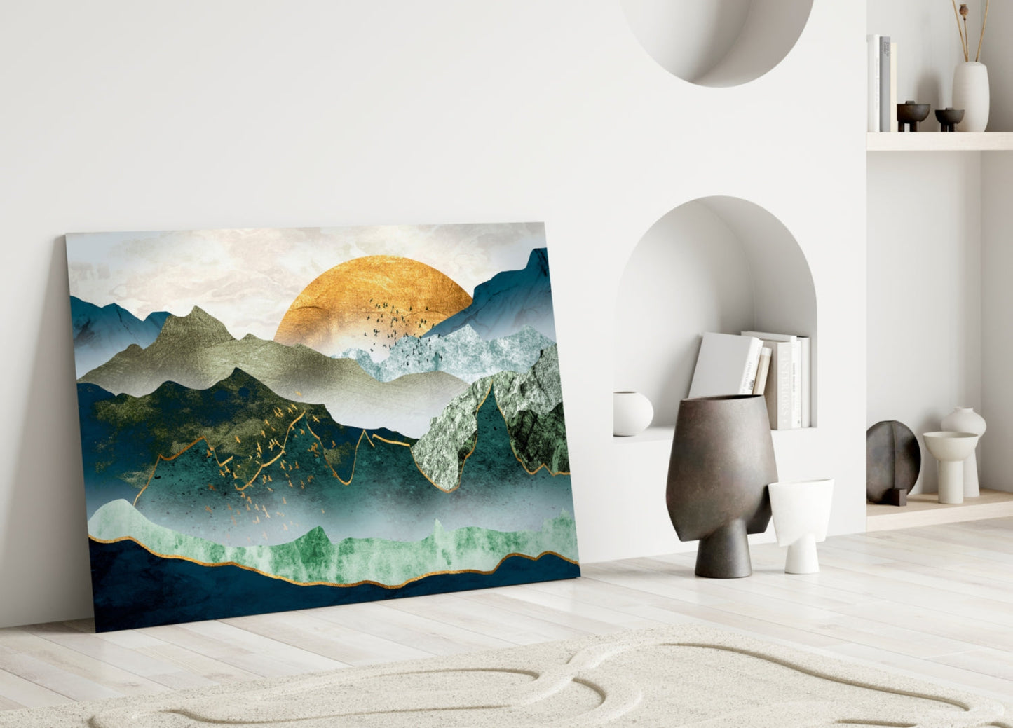 Gold Sun Layered Mountains Glass Wall Art