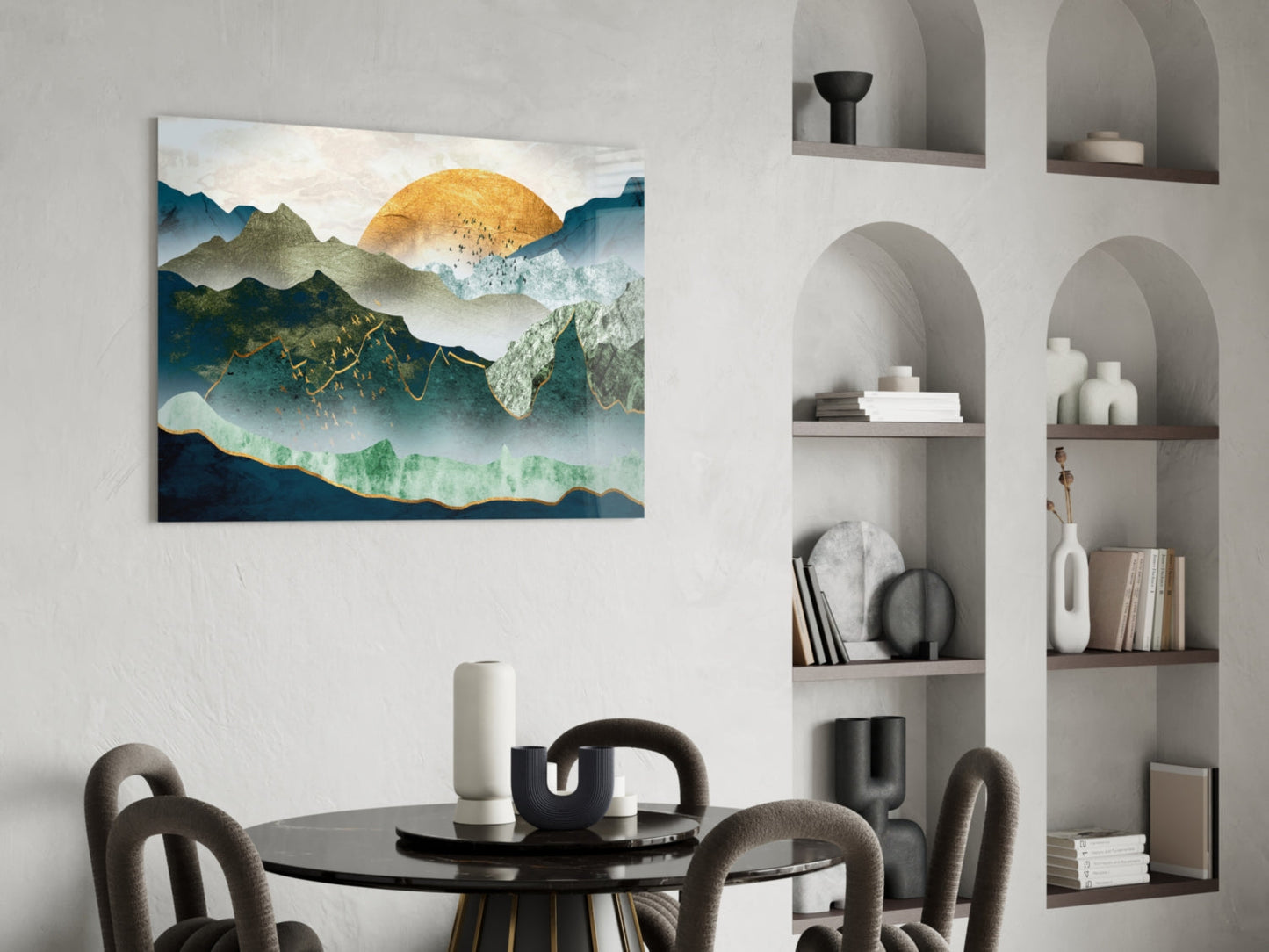 Gold Sun Layered Mountains Glass Wall Art