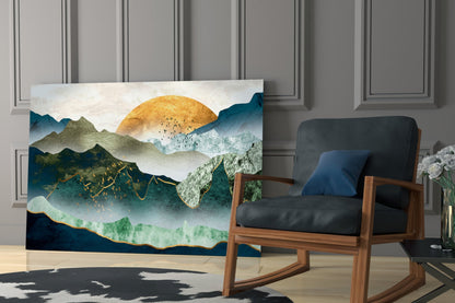 Gold Sun Layered Mountains Glass Wall Art