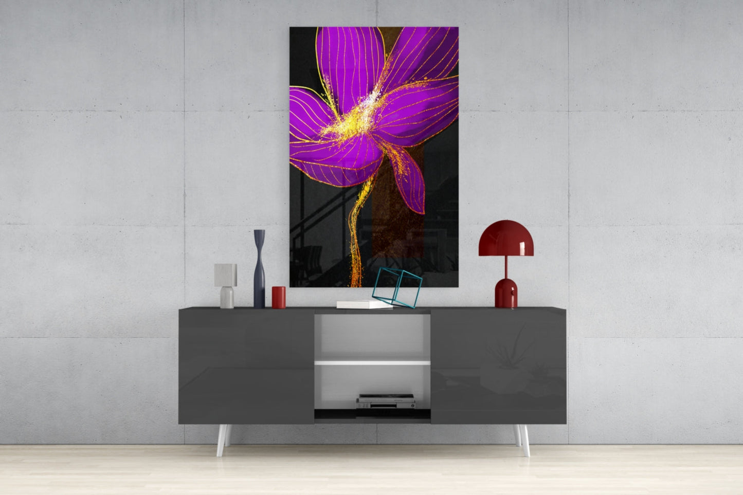 Neon Purple Flower Gold Splash Glass Wall Art