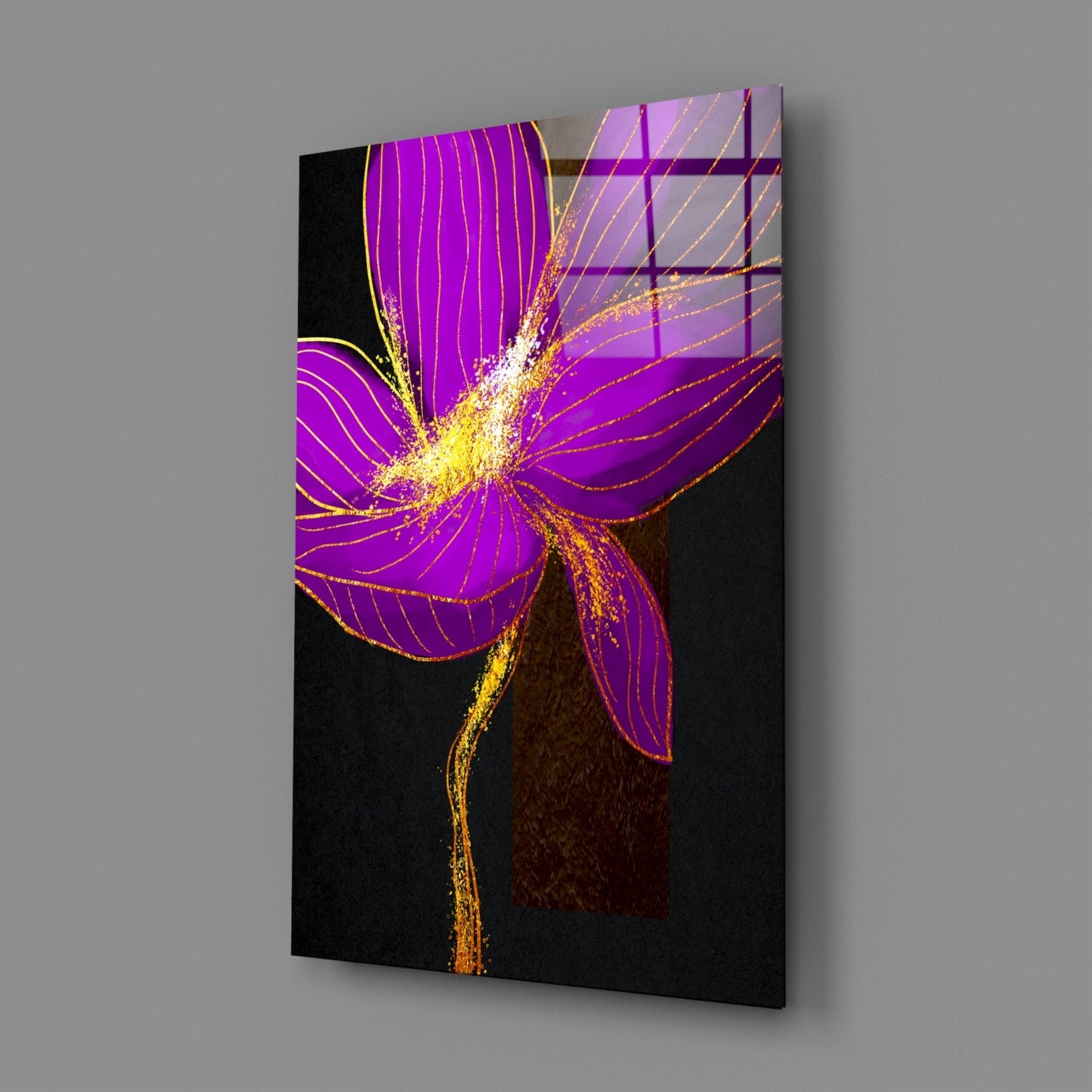 Neon Purple Flower Gold Splash Glass Wall Art