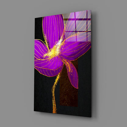 Neon Purple Flower Gold Splash Glass Wall Art