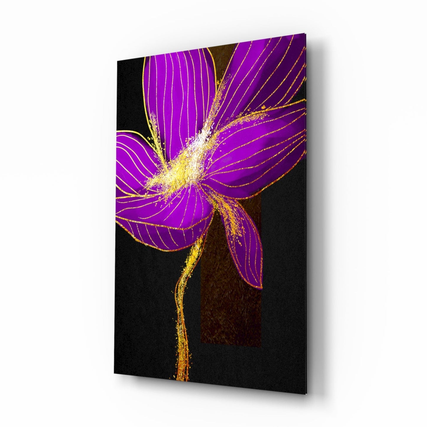 Neon Purple Flower Gold Splash Glass Wall Art