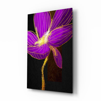 Neon Purple Flower Gold Splash Glass Wall Art