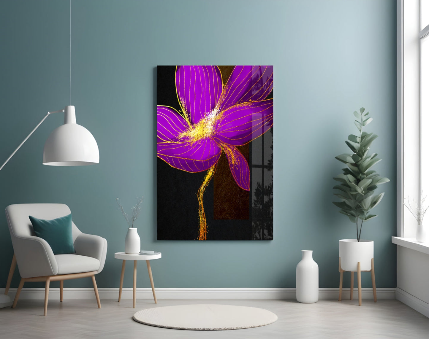 Neon Purple Flower Gold Splash Glass Wall Art