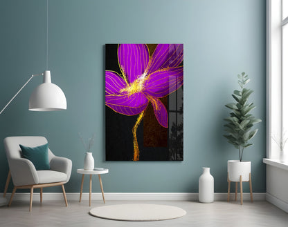 Neon Purple Flower Gold Splash Glass Wall Art