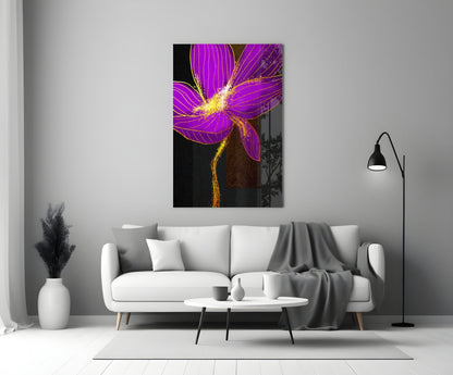 Neon Purple Flower Gold Splash Glass Wall Art