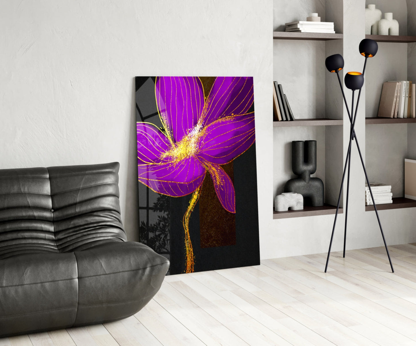 Neon Purple Flower Gold Splash Glass Wall Art