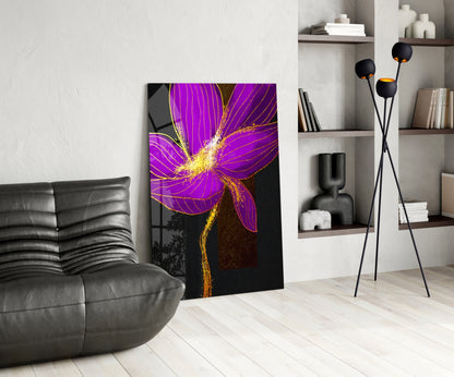 Neon Purple Flower Gold Splash Glass Wall Art