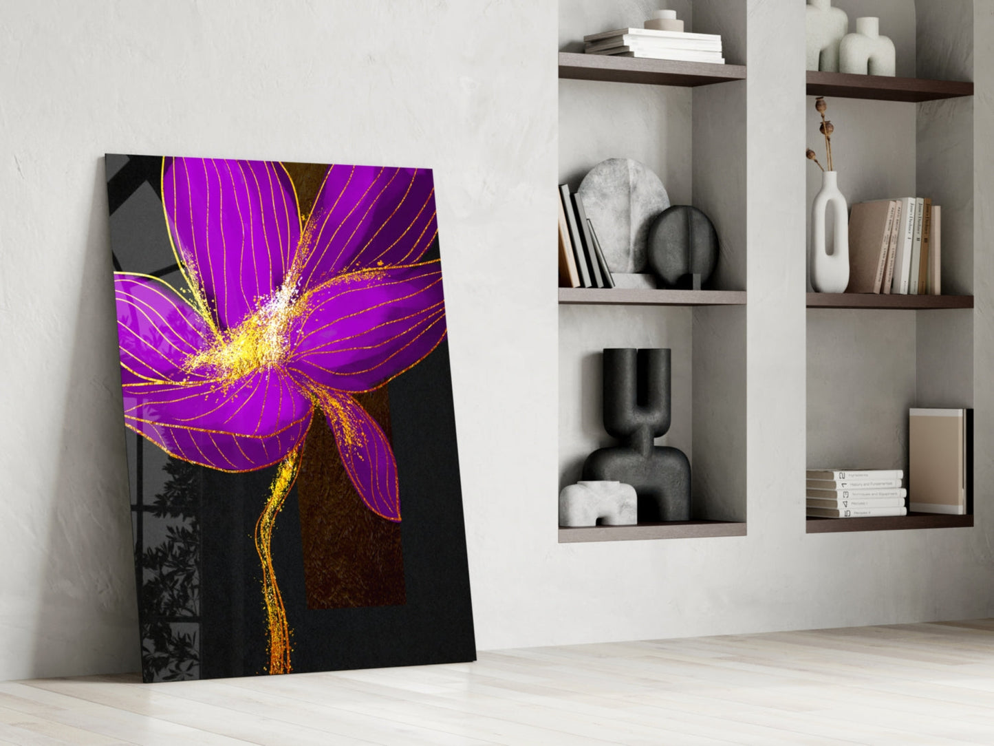 Neon Purple Flower Gold Splash Glass Wall Art