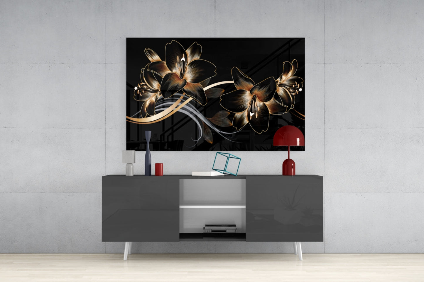 Golden Black Lily Glass Wall Art