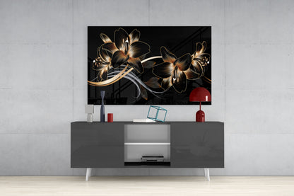 Golden Black Lily Glass Wall Art