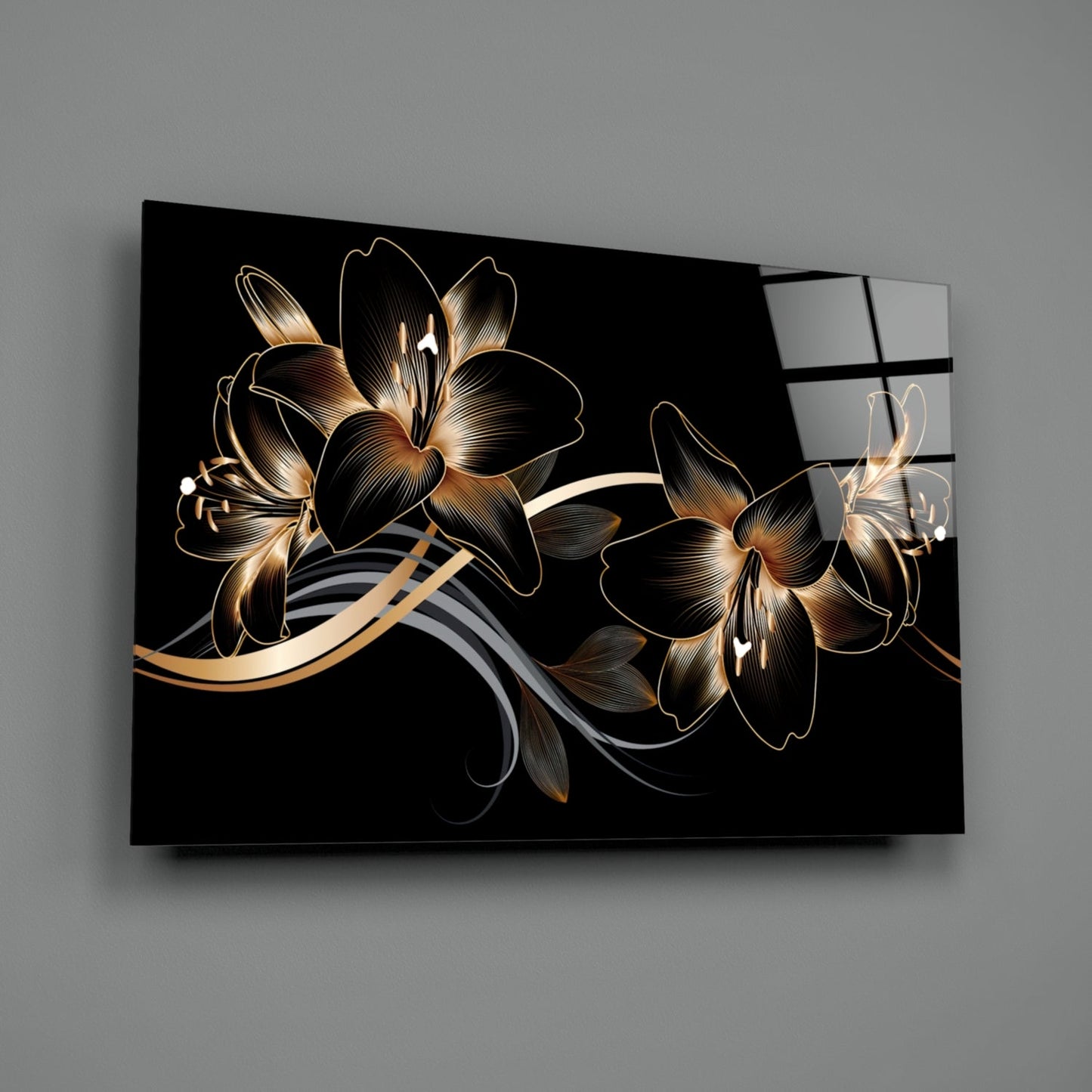 Golden Black Lily Glass Wall Art