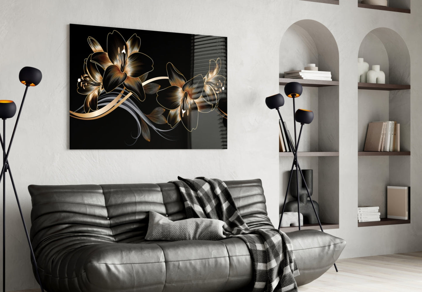 Golden Black Lily Glass Wall Art