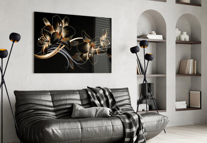 Golden Black Lily Glass Wall Art