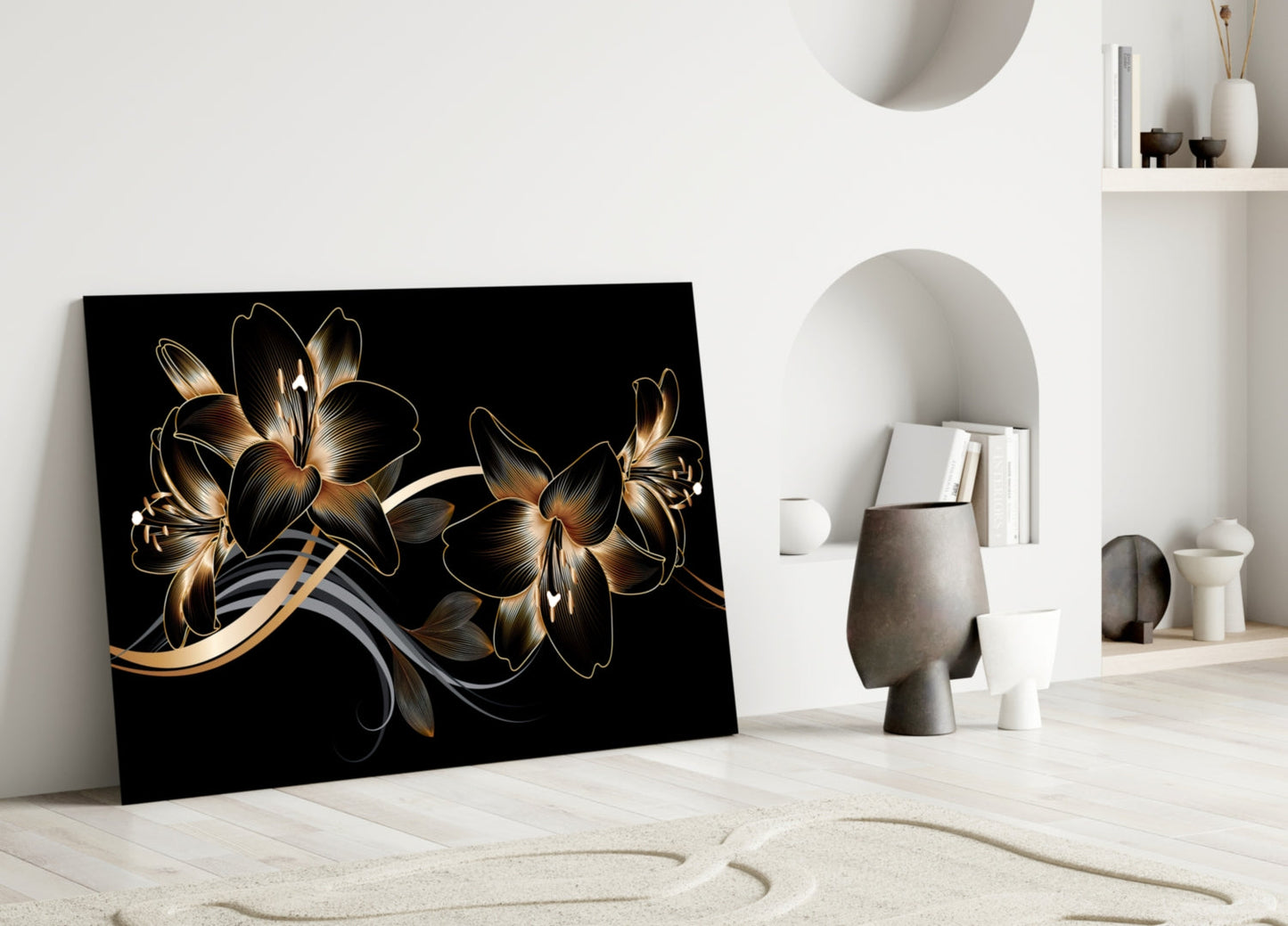 Golden Black Lily Glass Wall Art