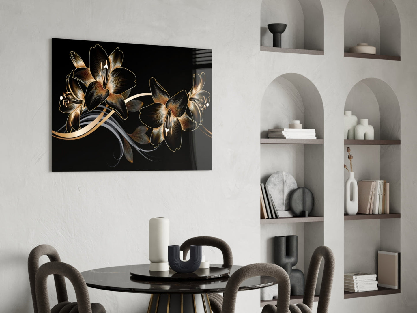 Golden Black Lily Glass Wall Art