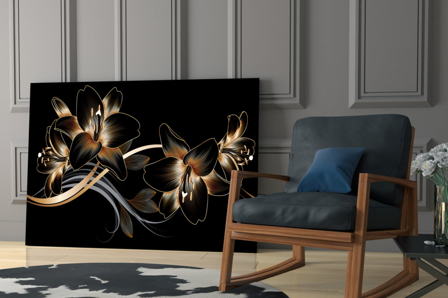 Golden Black Lily Glass Wall Art