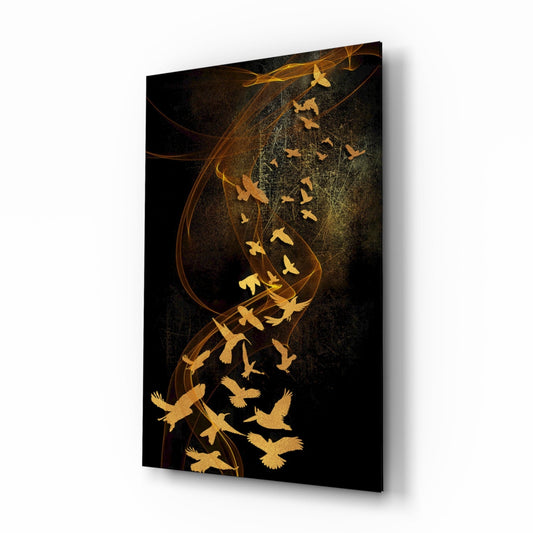 Gold Birds in Flight Glass Wall Art