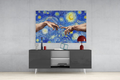 Creation of Adam in Starry Night Glass Wall Art