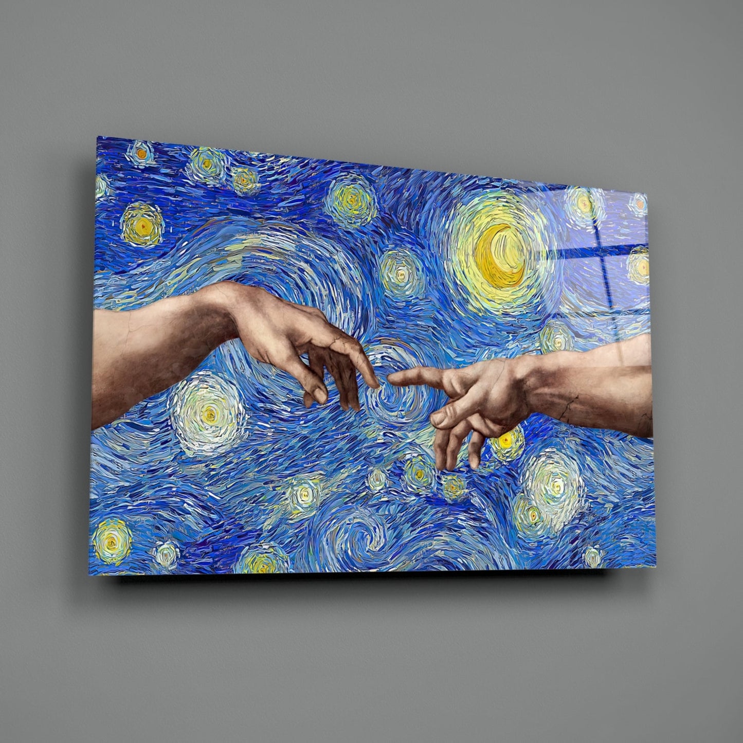 Creation of Adam in Starry Night Glass Wall Art