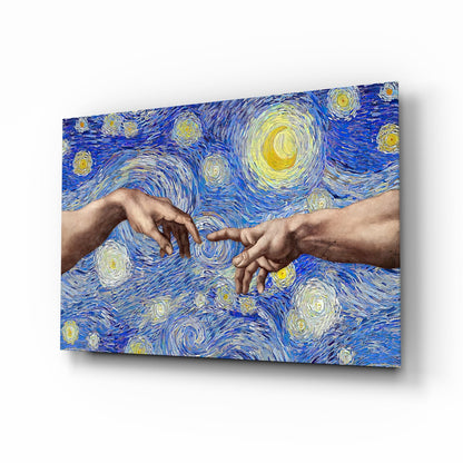 Creation of Adam in Starry Night Glass Wall Art