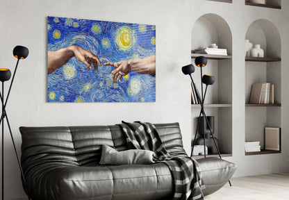 Creation of Adam in Starry Night Glass Wall Art