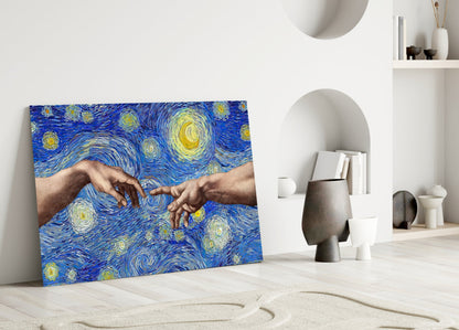 Creation of Adam in Starry Night Glass Wall Art