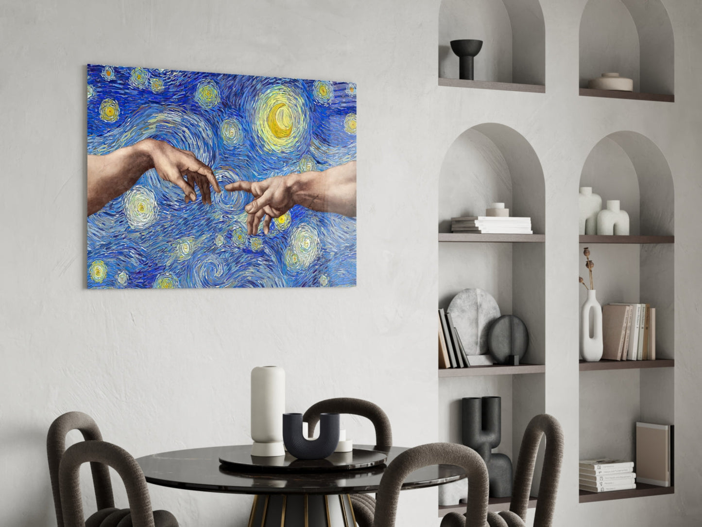 Creation of Adam in Starry Night Glass Wall Art