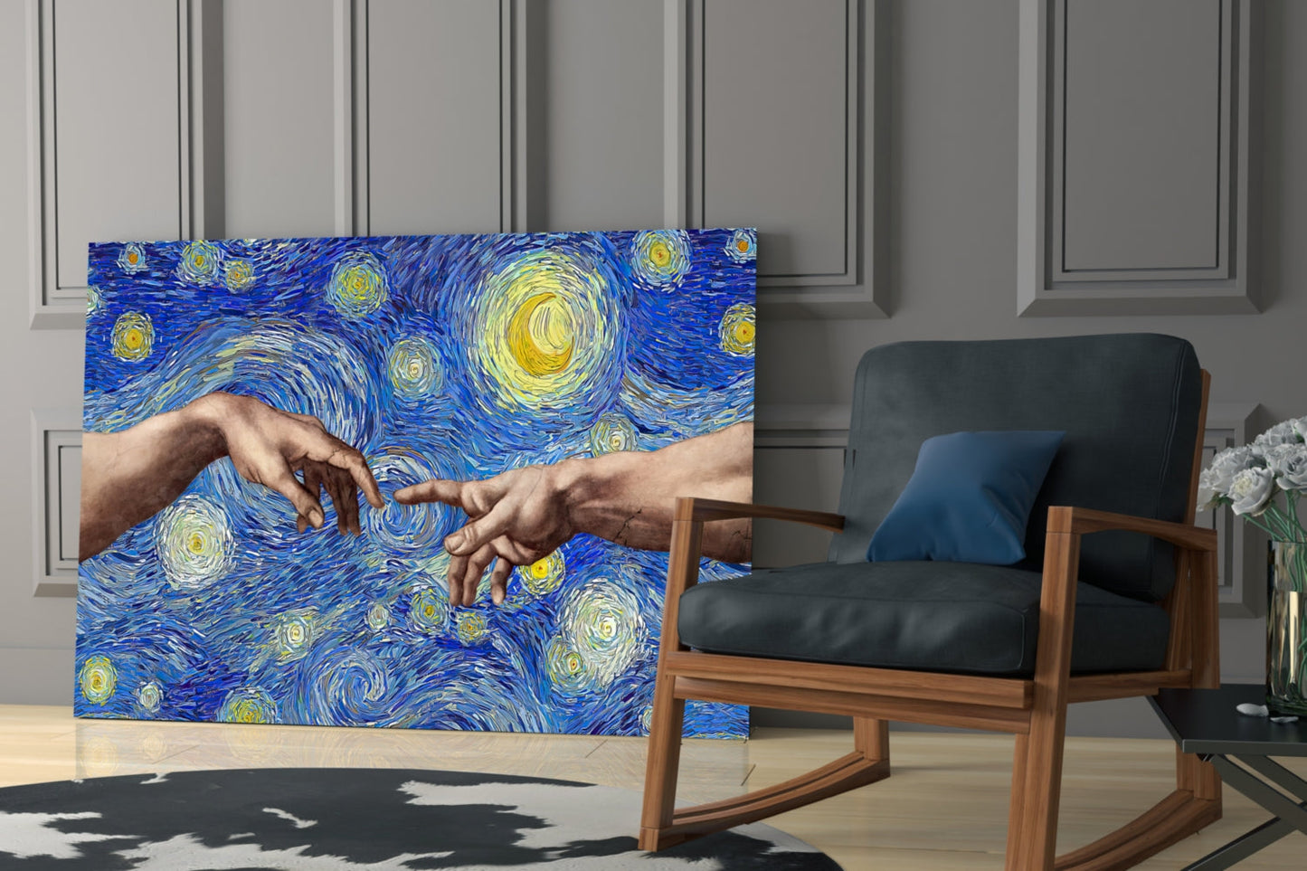 Creation of Adam in Starry Night Glass Wall Art