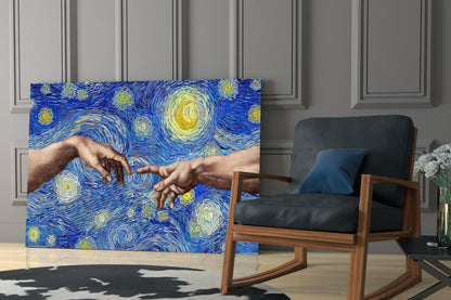 Creation of Adam in Starry Night Glass Wall Art