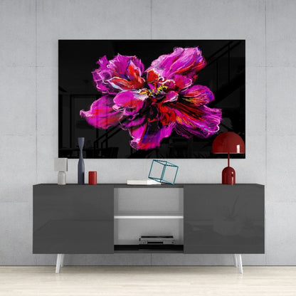Magenta Red Painted Peony Glass Wall Art