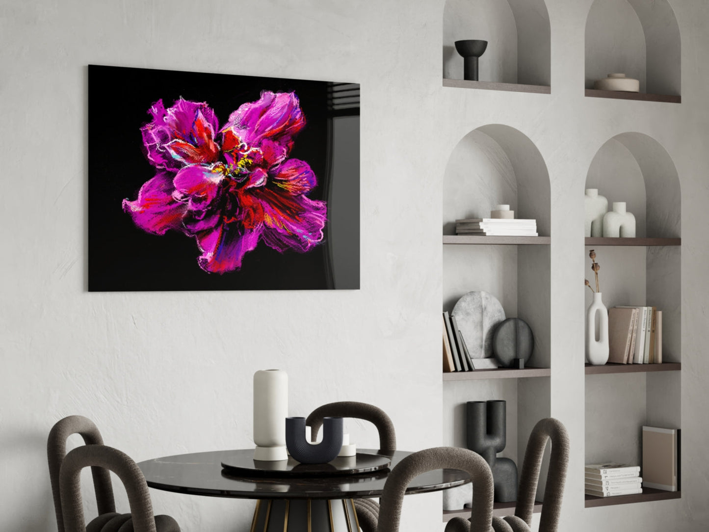 Magenta Red Painted Peony Glass Wall Art