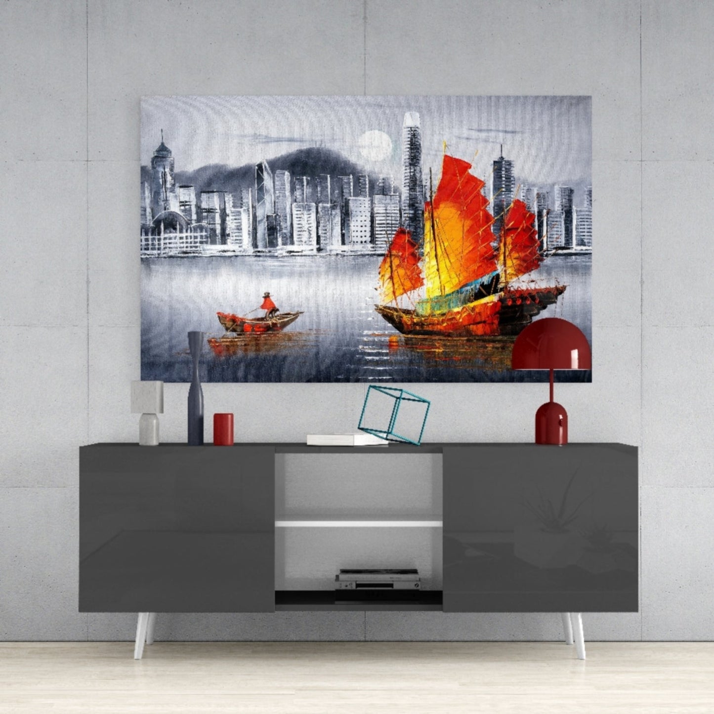 Hong Kong Junk Boat Skyline Glass Wall Art