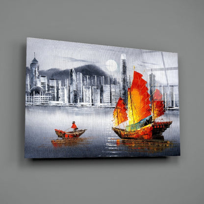 Hong Kong Junk Boat Skyline Glass Wall Art