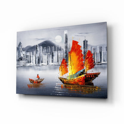 Hong Kong Junk Boat Skyline Glass Wall Art