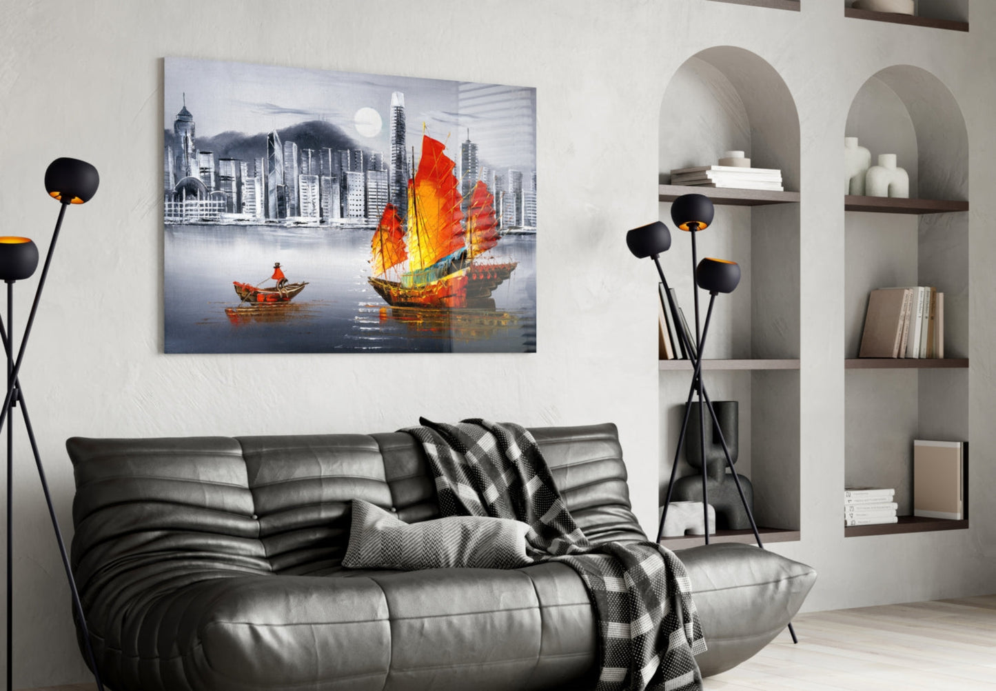 Hong Kong Junk Boat Skyline Glass Wall Art