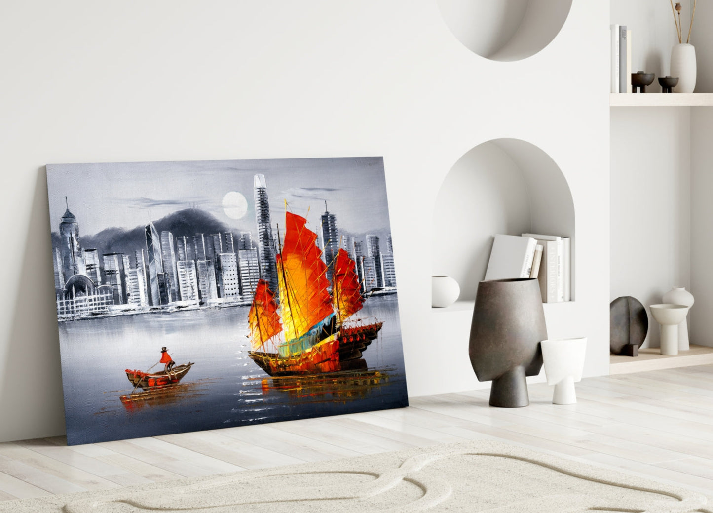 Hong Kong Junk Boat Skyline Glass Wall Art