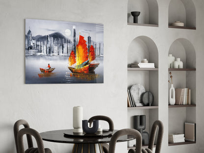 Hong Kong Junk Boat Skyline Glass Wall Art
