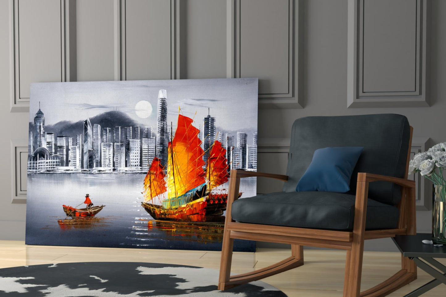 Hong Kong Junk Boat Skyline Glass Wall Art