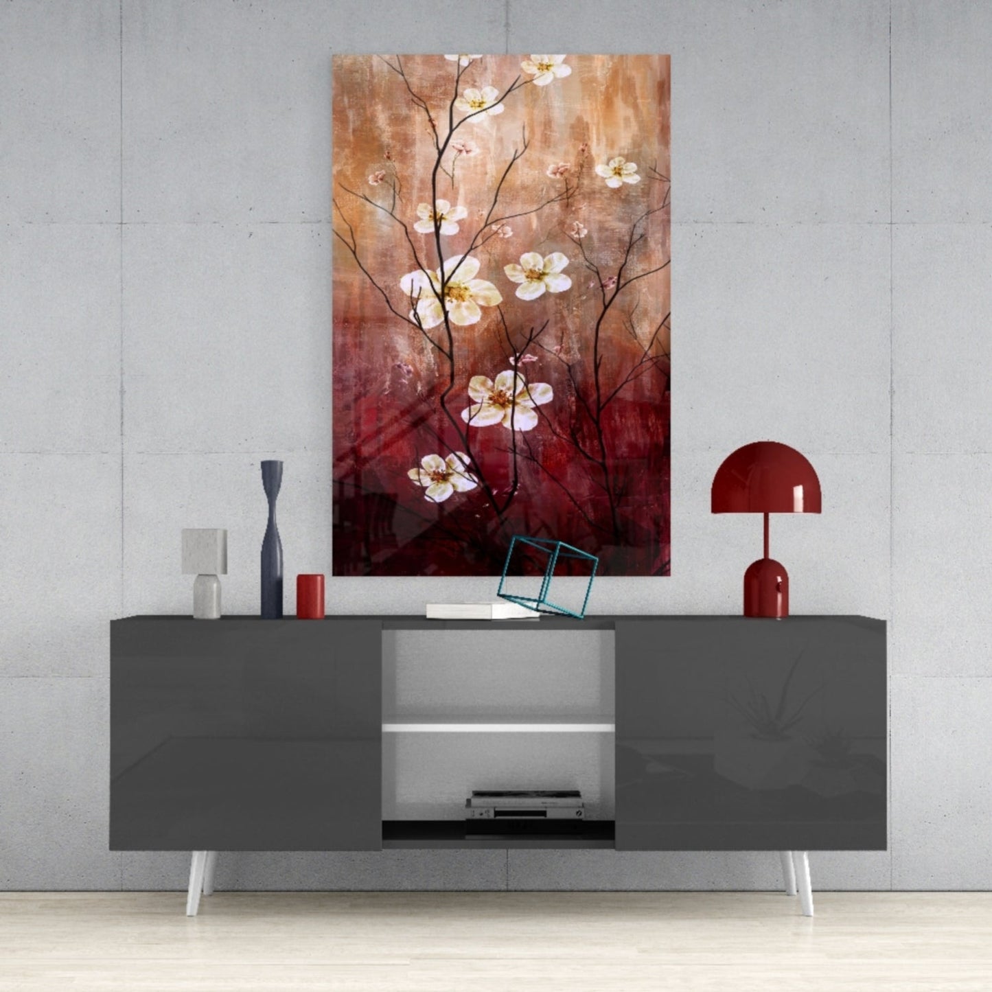 Crimson & Cream Daisy Branch Glass Wall Art