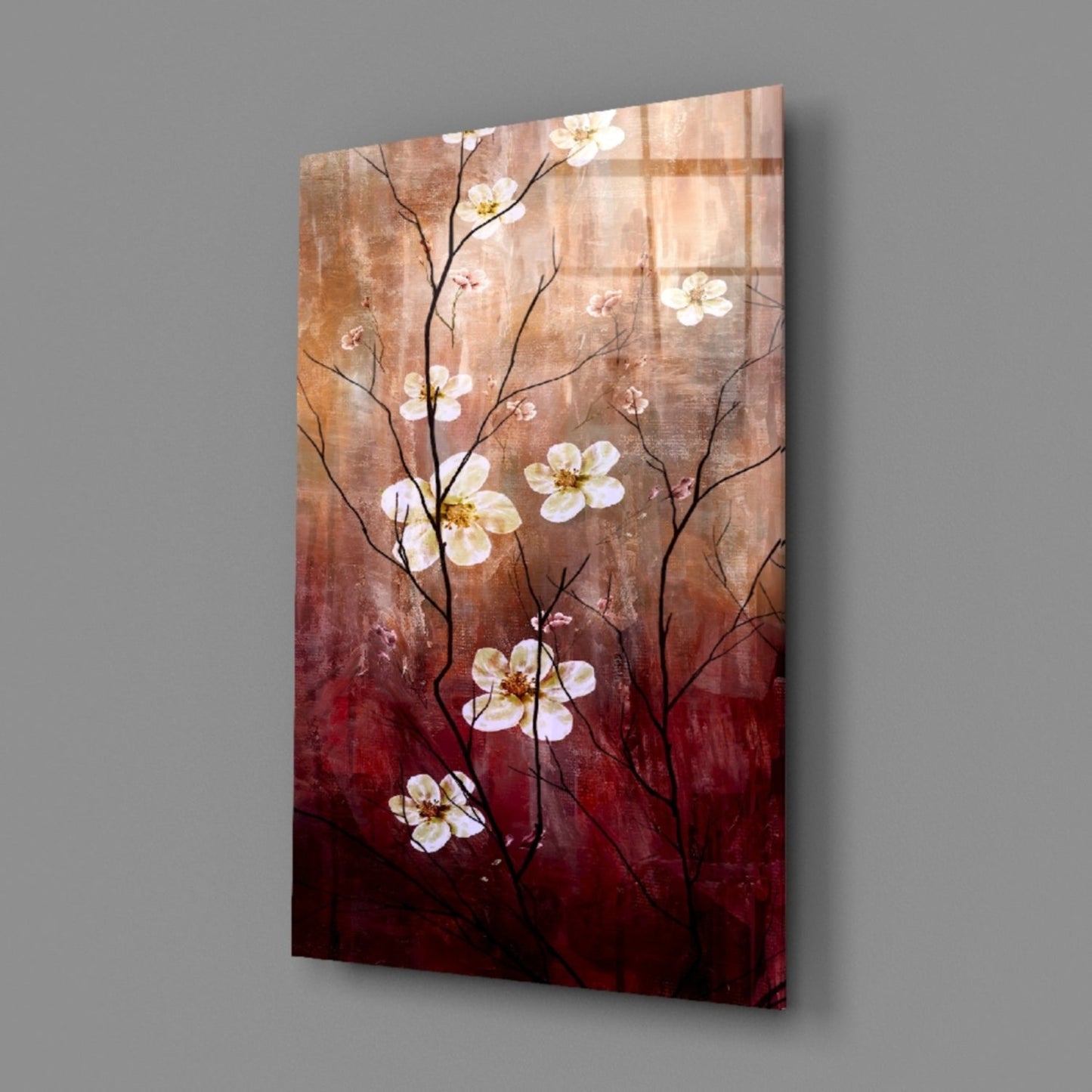 Crimson & Cream Daisy Branch Glass Wall Art