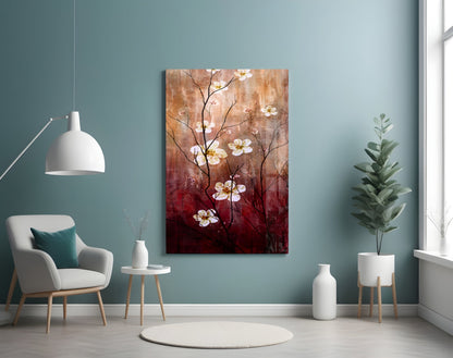 Crimson & Cream Daisy Branch Glass Wall Art