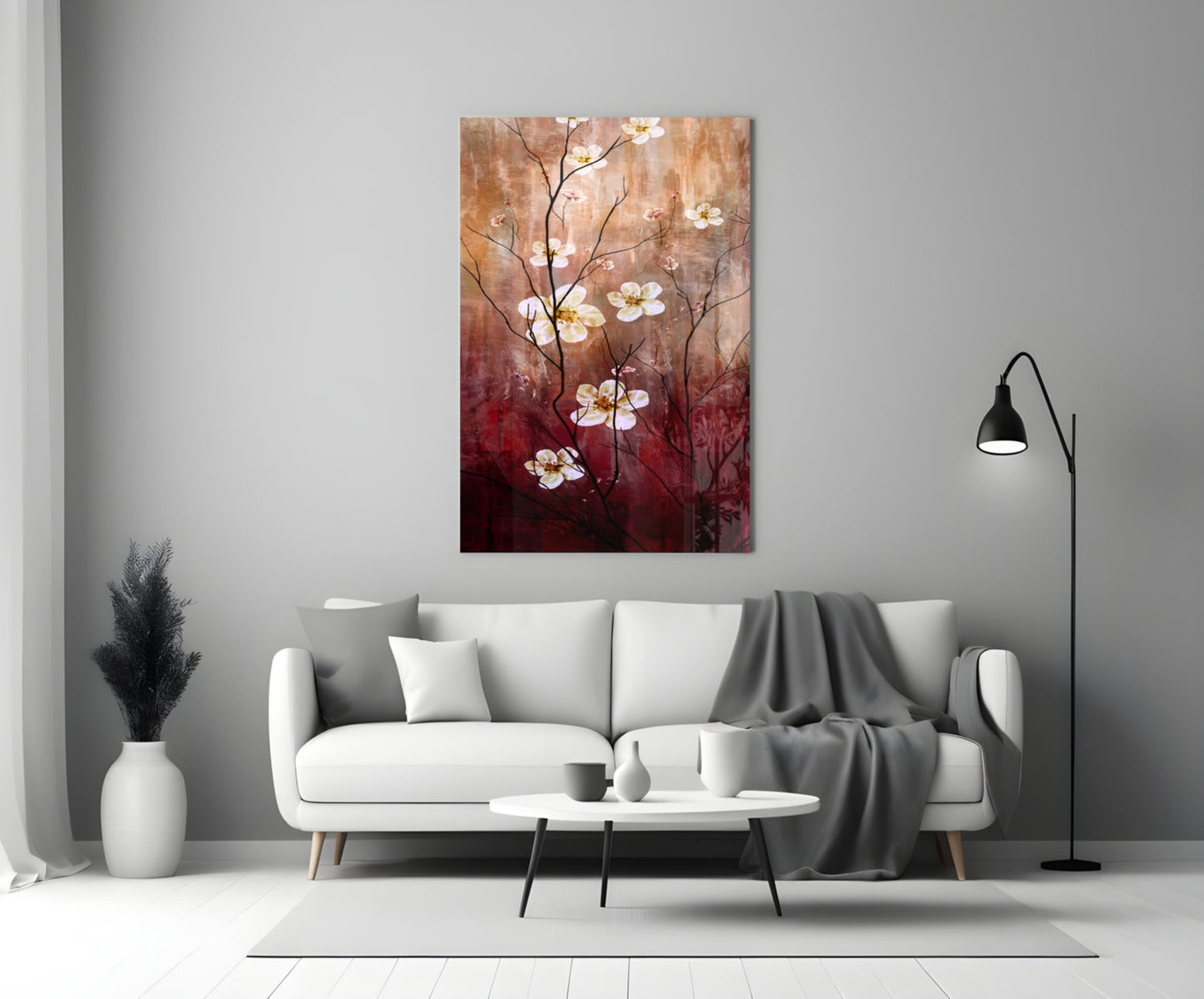 Crimson & Cream Daisy Branch Glass Wall Art