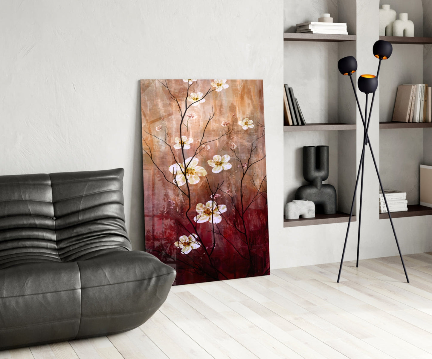 Crimson & Cream Daisy Branch Glass Wall Art