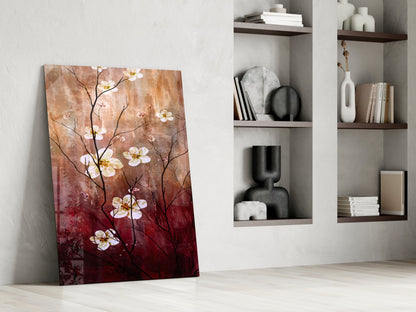 Crimson & Cream Daisy Branch Glass Wall Art