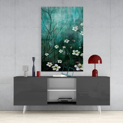 Emerald Blossom Branch Glass Wall Art